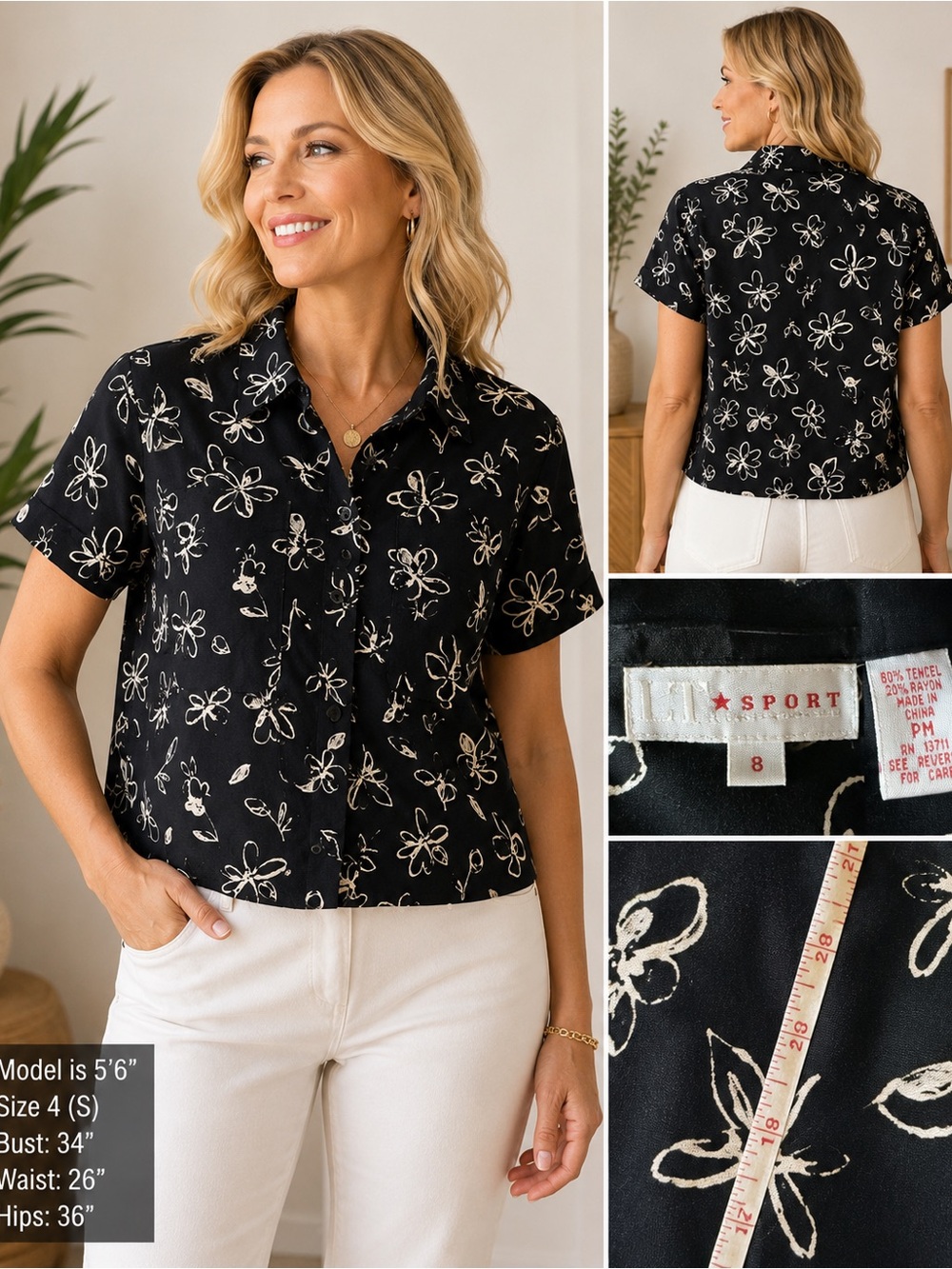 L.T. Sport Navy Floral Button Front Blouse PM Petite Medium